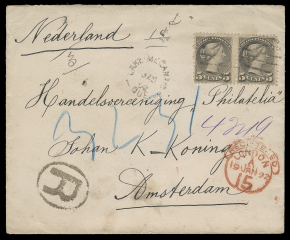 CANADA  1892 (January 5) Registered cover mailed from Lake Megantic, Que. to Amsterdam, Netherlands, franked with 5c grey pair, Ottawa printing perf 12, tied by light grids, split ring dispatch at centre, oval "R" registration, Registered London 19 JAN 92 transit datestamp in red, Montreal JA 7 transit and Amsterdam 20 JAN 92 arrival CDS backstamps. Pays 5c UPU letter rate + 5c registration, F-VF (Unitrade 42)To the best of our knowledge, no other Small Queen cover to the Netherlands bearing a 10c stamp has been recorded.