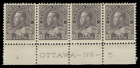 CANADA 116 shade,Lower margin mint Plate 5 strip of four, minute spot in left sheet margin, printed in an unusual shade, attractive, F-VF LH (Unitrade cat. $1,040 as singles in normal shade) ex. Robert Chaplin (January 1989; Lot 784)