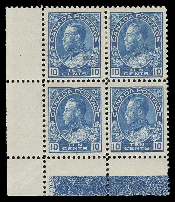CANADA  117ii,An extraordinary mint corner block showing the strongest and fullest Type D lathework one can hope to find - rare thus as most existing examples of this denomination are noticeably weak; top pair hinged, lower pair unit in unusually choice condition and NEVER HINGED. A superb Admiral lathework block, VF+