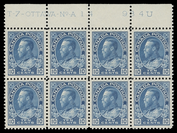 CANADA  117,A fresh and unusually well centered mint Plate 14 block of eight, seven stamps are NH, VF (Unitrade cat. $1,760 as singles)