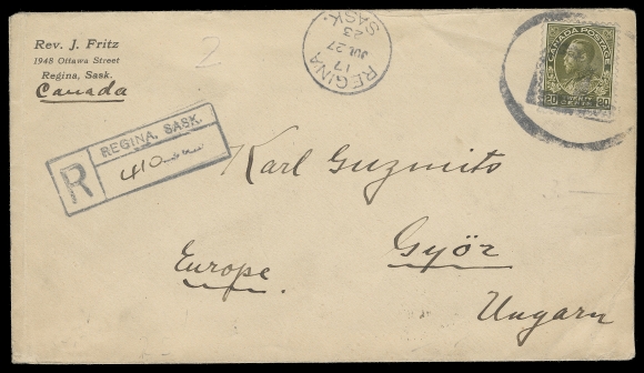 CANADA  1923 (July 27) Cover mailed registered to Gyor, Hungary with single-franking 20c olive green, wet printing, tied by large type "R" handstamp, clear Regina dispatch CDS and same-ink boxed handstamp left; additional dispatch, Winnipeg transit and two different Hungarian CDS backstamps; paying an elusive combination of 10c UPU letter rate for first ounce + 10c registration fee to Hungary, F-VF (Unitrade 119c)