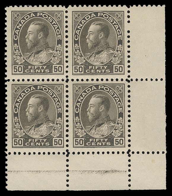 CANADA  120ii,A remarkable mint corner block in the distinctive shade of Plate 3, the only plate of this value which had lathework (Type D), just a trace as often seen on this denomination, the key lower unit pair with only the barest trace of hinging. A valuable Admiral lathework block, VF LH (Unitrade cat. for VF hinged block with trace of lathework)

Provenance: Harry Lussey, June 1981; Lot 1222