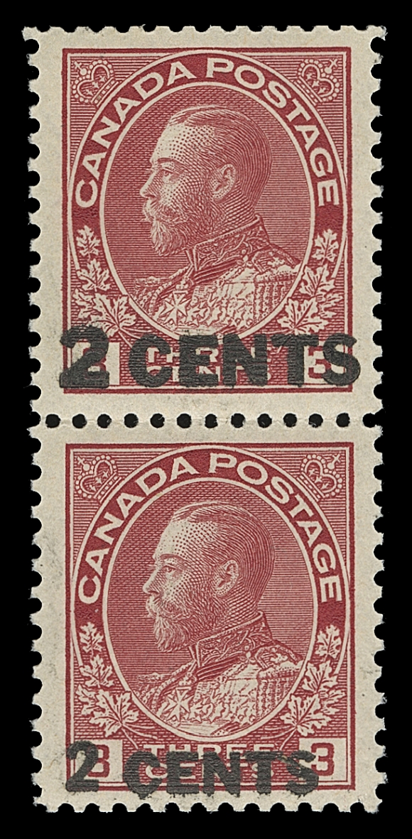CANADA  139v,A well centered mint vertical pair of the essay surcharge, top stamp with larger font, straight edge at top was subsequently perforated, otherwise VF NH