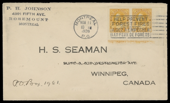 CANADA  1926 (November 11) H.S. Seaman Winnipeg preprinted envelope franked with a corner margin 1c yellow, imperforate pair with normal strength Type B (40%) lathework attractively tied by Montreal slogan cancellation, pays the recent 2c per ounce domestic letter rate (effective July 1, 1926); a scarce and choice usage of lathework on cover, VF (Unitrade 136)