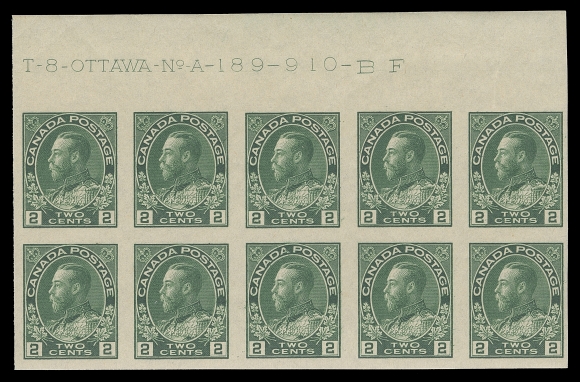 CANADA  137,Mint Plate 189 block of ten, hinged in selvedge only, stamps are VF NH (Unitrade cat. $1,000 as stamps)