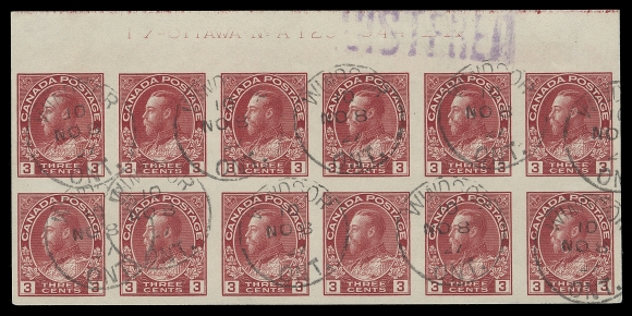 CANADA  138,A spectacular used Plate 129 upper right block of twelve,  characteristic impression of the imprint, slightly trimmed at top and inconsequential shallow thin on lower left stamp. This plate block is UNIQUE - the only used example among just 23 recorded Plates 129-131 imperforate multiples, clear Windsor, Ont NO 8  27 postmarks and large portion of REGISTERED handstamp in the  margin. A wonderful item for a serious collection, VF

According to latest census by Charles Séguin (Admiral Log  Newsletter December 2013 pages 125-136), known plate multiples  are as follows: Plate 129 (6), Plate 130 (11) and 131 (6). This is the only recorded used plate multiple among these three very  scarce plates.
