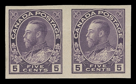 CANADA  112b,Mint imperforate pair with lovely fresh colour, ample to large margins, light horizontal crease and overall glazed original gum, VF appearance (Unitrade cat. $3,000)