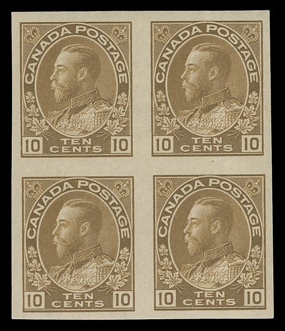 CANADA  118a,Mint imperforate block of four with large margins, fabulous colour, light natural gum bend visible on the back, full original gum, NEVER HINGED, VF-XF; very few blocks have survived. (Unitrade cat. $12,000)