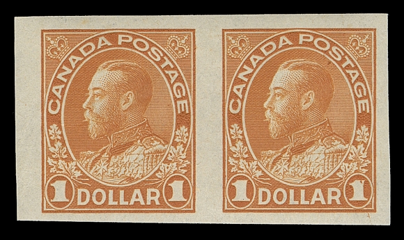 CANADA  122a,An unusually large margined mint imperforate pair with fabulous colour, hinged lightly glazed OG, otherwise a sound example of this elusive imperforate, VF