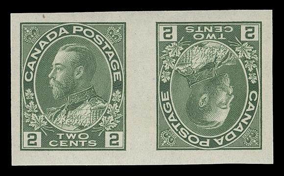 CANADA  107di,An extraordinary mint tête-bêche imperforate pair, ONE OF ONLY TWO KNOWN such pairs originating from a tête-bêche pane, completely devoid of flaws and with large margins all around, never hinged with light traces of gum glazing from a mount. One of the great rarities of the Admiral series finally being offered on the market, last sold in early 1990, XF (Unitrade catalogue value $6,000 for hinged, $12,000 for NH)Census: Only seven sets of the 1c, 2c & 3c tête-bêche panes are known to exist. Since the early 1990s, five of these sets sold between $30,000 and $50,000 depending on condition. The two cent is the only denomination with gum and is somewhat prone to faults. There are two additional tête-bêche panes of the 2 cent green, reported last seen in 1973 and 1994 respectively. Only one other 2c tête-bêche pair is known - last sold at the Sir Gawaine Baillie sale (May 2006; Lot 1374, described as "original gum")