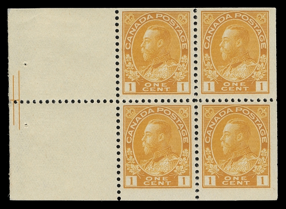 CANADA  105ai,A nicely centered mint booklet pane of four clearly showing a  sharp impression of two-line Pyramid Guideline in tab margin,  lightly hinged in tab only, VF LH; a rare pane about a dozen known, nearly all of which are hinged.