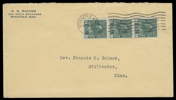 CANADA  1917 (January 10) Amber envelope in clean condition bearing an attractive 1c blue green, perf 8 horizontally coil strip of three tied by Winnipeg machine cancel, addressed to Stillwater, Minnesota; pays the 1c War Tax + 2c preferred letter rate to the United States, an elusive franking, VF (Unitrade 123)