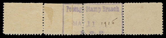 CANADA  106xii,The very rare provisional coil stamp, a paste-up strip of four showing nearly complete boxed Type C handstamp "Postage Stamp Branch / MAY 11 / P. O. D."  with manuscript year date "15" inserted by hand over the paste-up; trimmed perfs at top and strengthened perfs at centre. Despite the imperfections very few exist in any condition, easily one of the rarest coil stamps of Canada, Fine OG