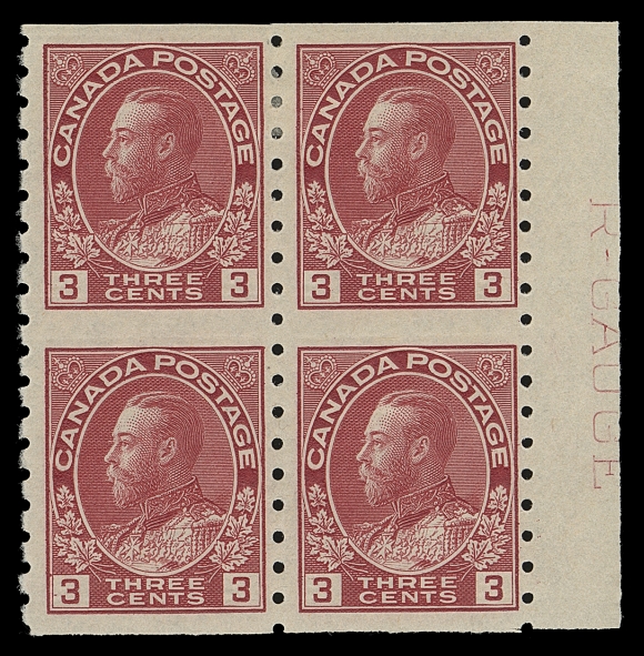 CANADA  130aii,A mint block in the characteristic deeper shade showing nearly complete R-GAUGE imprint in right margin, intact perforations and full original gum, mild hinging at top; a very scarce positional block in selected quality, F-VF

The narrow sheet margin at right is intact and has not been subsequently trimmed. As a result several R-GAUGE multiples, like this one, show a portion of the imprint. 