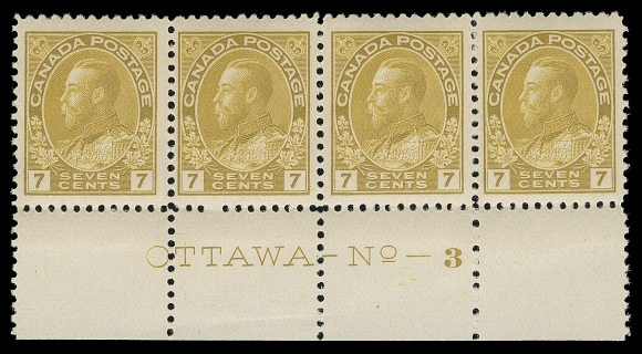 CANADA  113a,A choice mint lower margin plate 3 strip of four, well centered with large margins, brilliant fresh colour and pristine original gum, VF NH (Unitrade cat. $1,440 as singles)