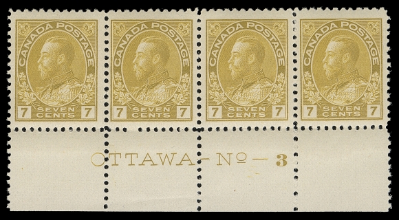 CANADA 113a,A choice mint lower margin plate 3 strip of four, well centered with large margins, brilliant fresh colour and pristine original gum, VF NH (Unitrade cat. $1,440 as singles)