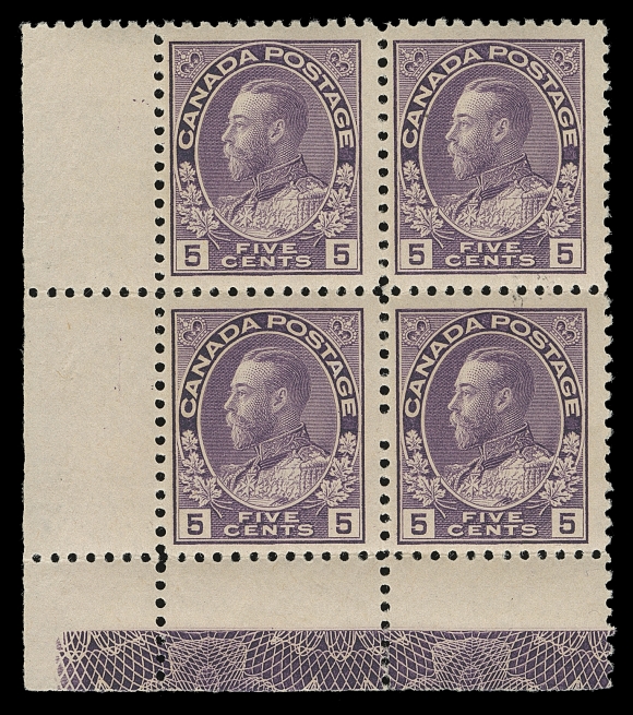CANADA  112,A bright mint corner block showing a complete and superb impression of Type D inverted lathework, top pair LH, lower unit pair NH, nearly VF centering (Unitrade cat. $1,600 for the lathework singles) ex. Harry Lussey (June 1981; Lot 1198)
