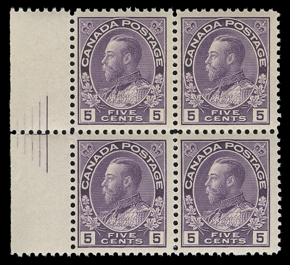 CANADA  112v,A post office fresh, nicely centered mint block showing 5-line Pyramid Guide in left sheet margin, full immaculate original gum, scarce this nice, VF NH