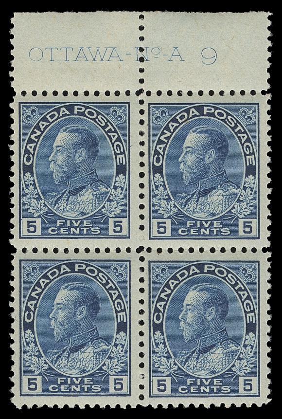 CANADA  111,A mint block with full Plate 9 imprint in an appealing bright shade of blue, top left stamp LH, others NH, F-VF (Unitrade cat. $1,745 as singles)