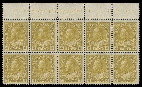 CANADA  110d,A quite well centered mint Plate 5 block of ten with printing order number at right, top row well centered with large margins, unusually bright colour, F-VF NH (Unitrade cat. $1,500 as F-VF NH singles)