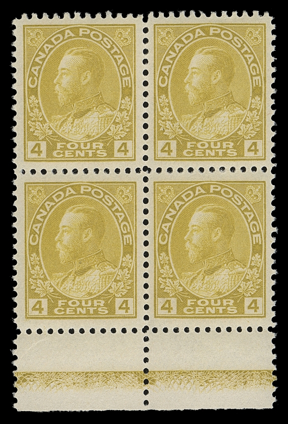 CANADA  110b,An exceptionally fresh, well centered mint block showing Type D lathework (40% strength), LH at top leaving lower unit pair NH, VF