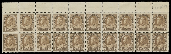 CANADA  108b,A remarkable mint Plate 17 strip of twenty from upper right pane, in an exceptional shade - very distinctive, no sheet margin at right, natural straight edge left, pencil "22 Feb / 19" date of acquisition by pioneer collector Major K. H. White", top left stamp hinged and vertical gum skip in second column, 19 stamps NH, F-VF (Unitrade cat. $2,175 as singles)