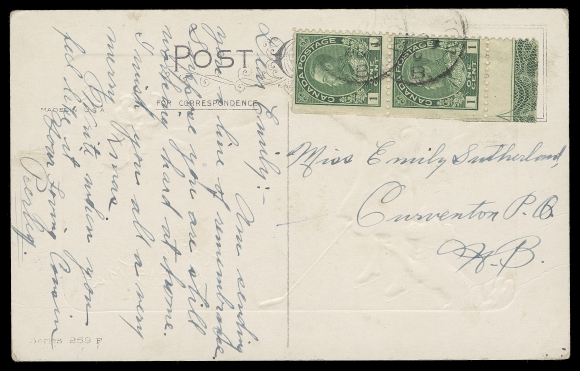 CANADA  1920 (December 29) Postcard franked with vertical pair from lower left edge of the sheet showing full strength Type B lathework and nearly complete guide arrow in sheet margin, tied by partially legible Fredericton, NB postmarks to Curventon, NB, F-VF (Unitrade 104e)