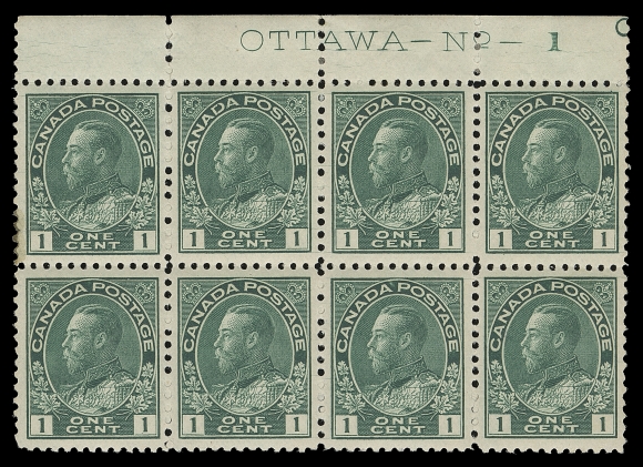 CANADA  104b,A well centered mint Plate 1 block of eight; a few split perfs in selvedge and perf gum soak on top left stamp, a desirable multiple of the first issued plate, with five stamps NH, VF LH (Unitrade cat. $1,080 as stamps alone)