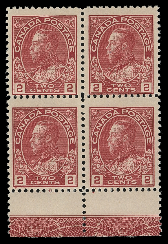 CANADA  106,A key mint block displaying one of the scarcest lathework of the Admiral series - Type C INVERTED, showing a remarkably sharp, complete impression, brilliant fresh colour and full original gum, Fine+ NHProvenance: Dr. C.M. Jephcott, June 1990; Lot 717 - a LR corner block of eight from which this block originates.
