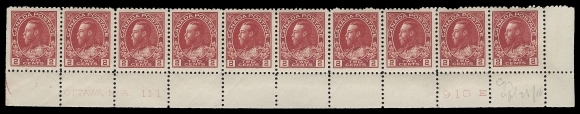 CANADA  106v,Lower right mint Plate 111 strip of ten with imprint at left and printing order at right along with pencil "Apl 28 / 18"" date of acquisition, well centered with bold colour on fresh paper, a few split perfs, six stamps VF NH (Unitrade cat. $880 as singles)