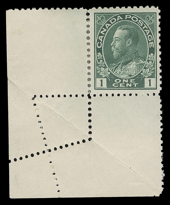 CANADA  104b variety,Used single with an exceptional pre-printing paper fold - 3mm wide and most dramatic; also 1c green corner margin mint single with extra wide margins displaying zigzag perforations resulting from a paper fold, hinge support at left. A great duo, F-VF