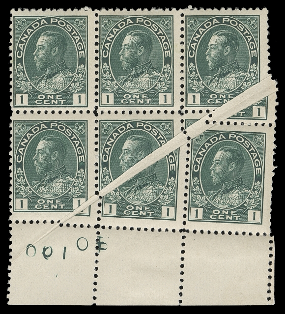 CANADA  104b variety,Lower margin mint block of six showing printing order "100", major pre-printing paper fold running diagonally, a spectacular error of great eye-appeal, small gum thin on top middle stamp mentioned for the record, Fine+ OG / NH