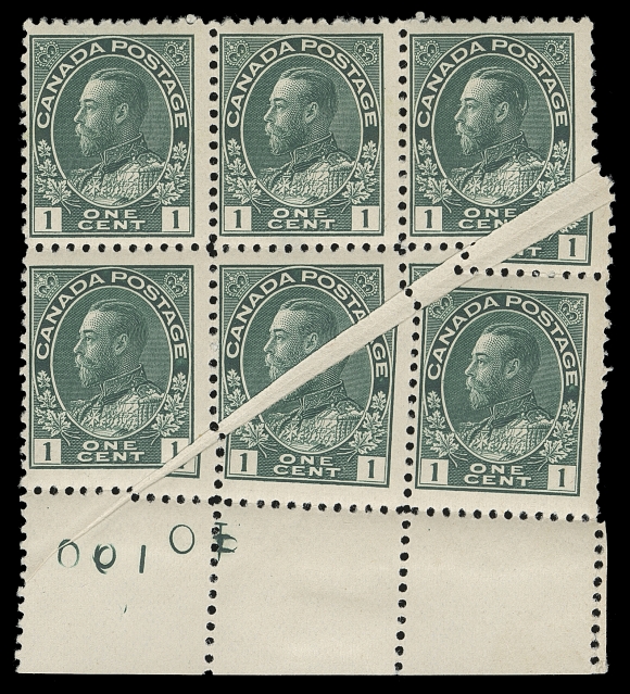 CANADA 104b variety,Lower margin mint block of six showing printing order "100", major pre-printing paper fold running diagonally, a spectacular error of great eye-appeal, small gum thin on top middle stamp mentioned for the record, Fine+ OG / NH