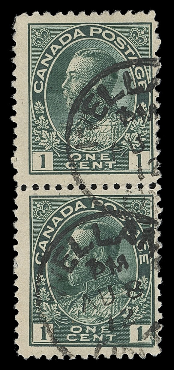 CANADA  104vii,A beautiful used vertical pair showing the sought-after Major  Re-entry (Plate 12 LR, Pos. 35) with strong doubling in lower  corner value tablets, ONE CENT lettering, etc., deep rich colour and well struck Welland, Ont. AU 8 12 CDS; the most desirable  Admiral variety, especially so with such clear postmarks, Fine+According to the census on the Major Re-entry compiled by Leopold Beaudet (Admiral Log Newsletter Whole Number 18 - December 2013, pages 57-69) only three multiples have been reported showing the Major Re-entry - two used pairs and a mint block. The one  offered here is a third pair. Less than half a dozen examples are known struck with a clear dated cancellation.