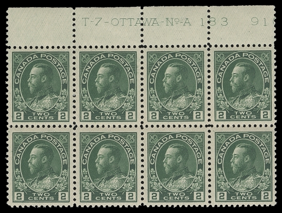 CANADA  107a,A beautifully centered mint block of eight with Plate 183 imprint, characteristic deep shade, faint hinging in selvedge only, stamps VF-XF NH (Unitrade cat. $720 as singles)