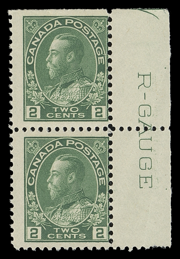 CANADA  107vi,An extremely rare "R-GAUGE" pair, couple short perfs margin only, full original gum. ONE OF ONLY TWO KNOWN "R-GAUGE" multiples in existence, Fine NHIt is agreed among experts that only TWO R-GAUGE multiples exist:1) This pair offered here; ex Robert Bayes and "Lindemann" collections sold in 1996 and 1997 respectively  2) A vertical pair, better centered than 1) but hinged in the margin; ex. Stan Lum (September 2013; Lot 1133) and John Smallman (February 2018; Lot 18)