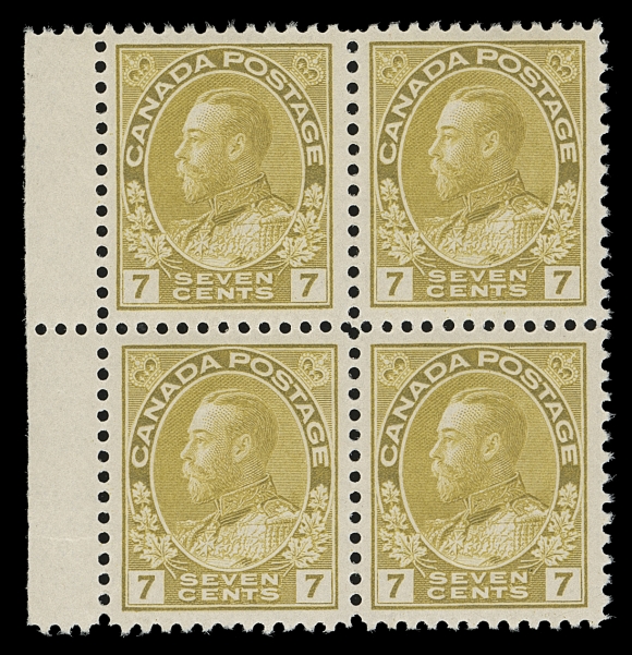 CANADA  113c,A superb mint block of this key shade and certainly among the most sought-after shades of the entire Admiral series, sheet margin at left and full pristine original gum, NEVER HINGED. A rare and desirable block, especially in such choice condition, VF+ NH