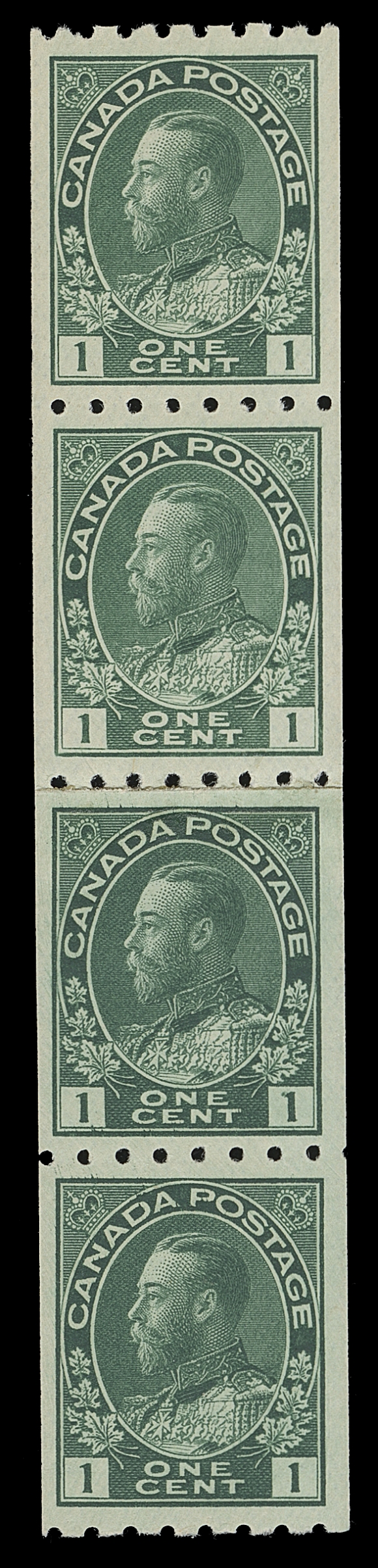 CANADA  123i shade,A remarkable mint paste-up coil strip of four consisting of two coil pairs in markedly different shades, superbly centered with the central paste-up pair being NH. A rarely seen variety, XF LH