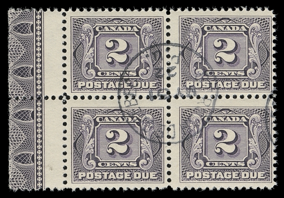 CANADA  J2,A beautiful, fresh used block showing complete, full strength Type A lathework, centrally struck with St. Roch de Québec MY 31 22 postmark, Fine+ (Unitrade cat. $2,400)