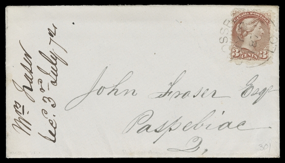 CANADA  1872 (July 2) Small envelope in pristine condition with letter content enclosed, mailed from Crosspoint to Paspebiac, Lower Canada, bearing a brilliant fresh example of the 3c deep rose red on thick soft paper, attractively tied by centrally struck Crosspoint, LC double arc datestamp, clear Paspebiac JY 3 72 split ring receiver on back; a beautiful cover bearing an elusive 3 cent printing, VF; 1997 RPS of London cert. (Unitrade 37i) ex. Dave Roberts (March 1997; Lot 301)