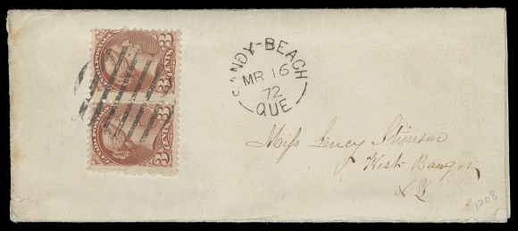 CANADA  1872 (March 16) Small cover addressed to West Bangor, New York, displaying a fabulous franking affixed vertically at left - horizontal pair of the 3c deep rose red on thick soft paper, centrally tied by large circular grid cancel, superb Sandy Point, Que split ring CDS at centre, Quebec and Montreal transit backstamps. A late usage of this elusive printing (from a very small community) paying the 6c letter rate to the US, VF; 1979 RPS of London cert., submitted by C.H. Bayley (Unitrade 37i) ex. Small Queen Stamps & Postal History, Maresch Sale 150, Dec. 1982; Lot 1208