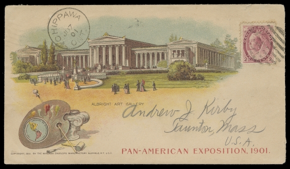 CANADA  1901 (June 7) Pan-American Exposition 1901 multi-coloured advertising envelope bearing 2c carmine, Die II tied by grid, clear Chippawa CDS at left, addressed to Taunton, Massachusetts; on reverse five different exhibition labels affixed, two tied by receiver on arrival, attractive, VF (Unitrade 77a)