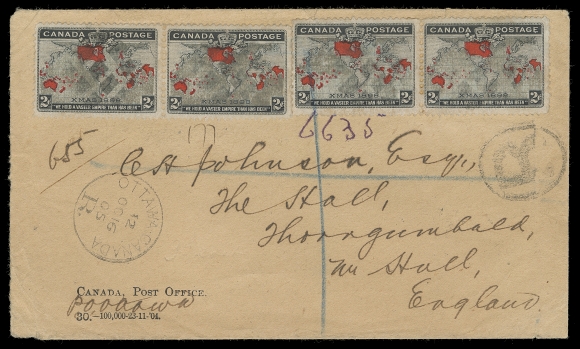 CANADA  1905 (October 16) Canada Post Office manila envelope mailed registered from Ottawa to Hull, England, bearing two pairs of 2c Map Stamp segmented cork cancelled, oval "R" handstamp at right, neat Ottawa Canada / R OC 16 05 CDS, overpaid for convenience the current 2c Empire rate plus 5c registration, six different clearly struck transit and receiver backstamps, F-VF (Unitrade 86)