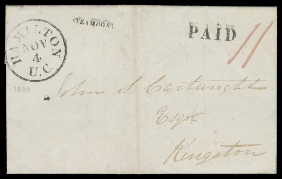 CANADA STAMPLESS COVERS  1839 (November 4) Folded entire lettersheet showing superb strikes of small straightline STEAMBOAT handstamp (22x2mm), neat Hamilton, U.C. NOV 4 circular datestamp in black and same-ink PAID, manuscript "11" rate to Kingston. A very scarce Hamilton Steamboat marking, especially desirable with such a nice strike on a very clean cover, VFThis marking is considerably scarcer than the Kingston "Steam Boat" (two words spaced - 31x2mm).