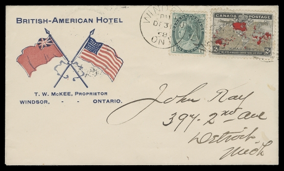 CANADA  1898 (December 31 British-American Hotel "Flag" Windsor, Ontario illustrated advert cover in clean, fresh condition, bearing 1c Numeral and 2c Map with "Muddy Waters" tied by Windsor, Ont. DE 31 98 duplex - Last Day of the 3 cent letter rate to the United States, Detroit DEC 31 arrival backstamp, VF (Unitrade 75, 85)