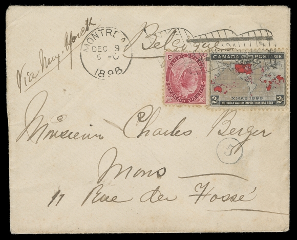 CANADA 1898 (December 9) Cover mailed from Montreal to Mons, Belgium, bearing 3c Numeral and 2c Map "Muddy Waters", light ageing along perfs tied by Montreal flag cancel, Mons 19 Dec CDS backstamp. A desirable very early 5c UPU Foreign Mail usage of the 2c Map - postmarked on third day of issue, F-VF (Unitrade 78, 85)