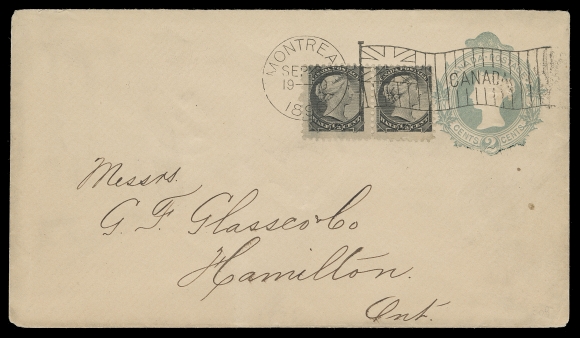 CANADA  1896 (September 8) 2c blue green postal envelope (Webb EN9) uprated with ½c black horizontal pair to Hamilton, tied by a very clear strike of the elusive Die "K" Flag indicia Montreal SEP 8 19-0 1896 cancellation, which had a short life span of only 7 days (a mere 15 examples reported), VF (Unitrade 34, EN9) ex. Vincent Graves Greene Collection (October 1988; Lot 309 - where it realized $650 hammer)