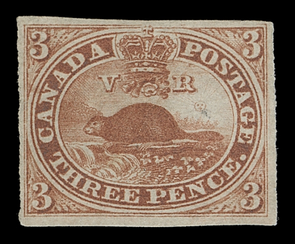 CANADA  4,An unusually select and very scarce mint single with adequate to large margins, rich colour on fresh paper and possessing full smooth white original gum characteristic of the late printings, showing only a hint of hinging at top left, VF VLHThe stamp shows the documented Re-entry from Pane A, Position 33, with distinctive doubling in and below the "PE" of "PENCE"