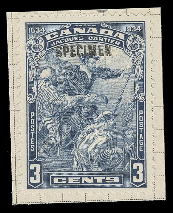 CANADA  204, 208-210,Also 1934 3c Jacques Cartier, 10c Loyalists and 2c New Brunswick Seal; four different unused singles, affixed to individual piece of archival ledger, handstamped "SPECIMEN" (sans-serif 13x2.5mm lettering) by Tunisian Receiving Authority, VF; ex the Tunisian Post Office archive. Unique. Photocopy of 2015 BPA cert. for whole archive ledger page from which it originates