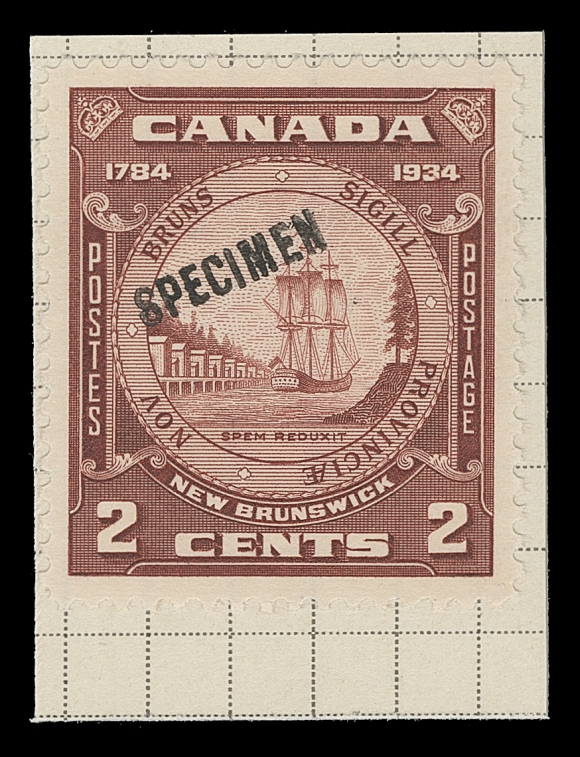 CANADA  204, 208-210,Also 1934 3c Jacques Cartier, 10c Loyalists and 2c New Brunswick Seal; four different unused singles, affixed to individual piece of archival ledger, handstamped "SPECIMEN" (sans-serif 13x2.5mm lettering) by Tunisian Receiving Authority, VF; ex the Tunisian Post Office archive. Unique. Photocopy of 2015 BPA cert. for whole archive ledger page from which it originates
